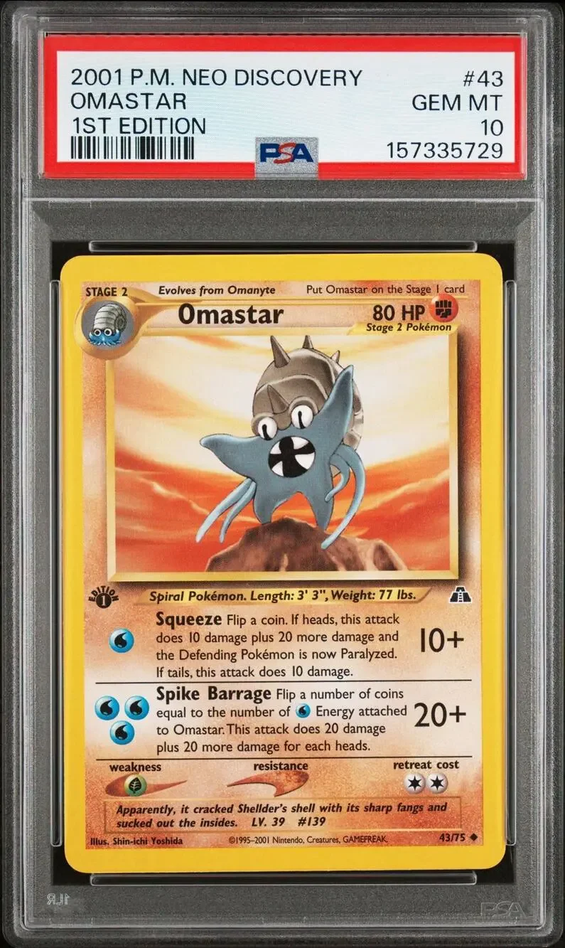 PSA 10 GEM MINT Omastar 1st Edition 43/75 Pokémon 2001 Neo Discovery Graded Card